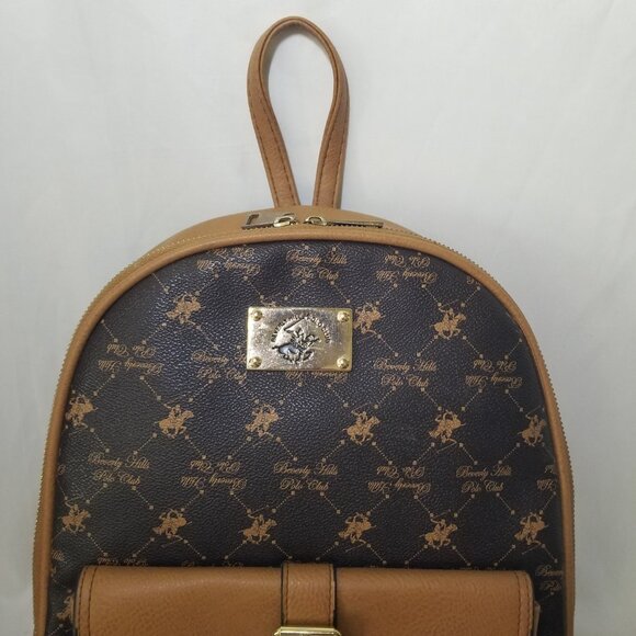 Beverly Hills Polo Club Womens Monogram Backpack Purse Brown Beige Zipper Close - Picture 3 of 16